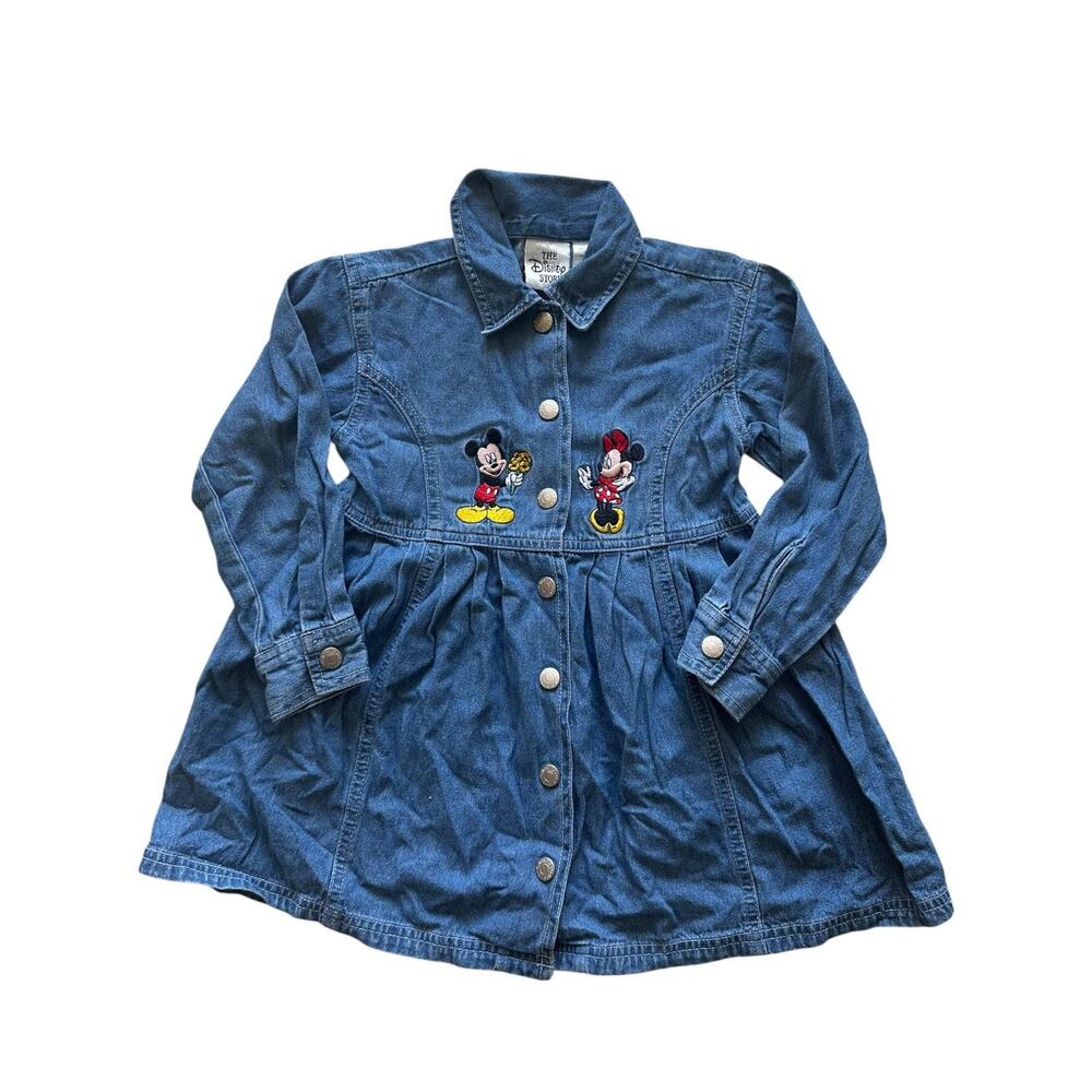 Vintage Disney Store Denim Dress Girls 4 Mickey Minnie Mouse Embroidered 90s